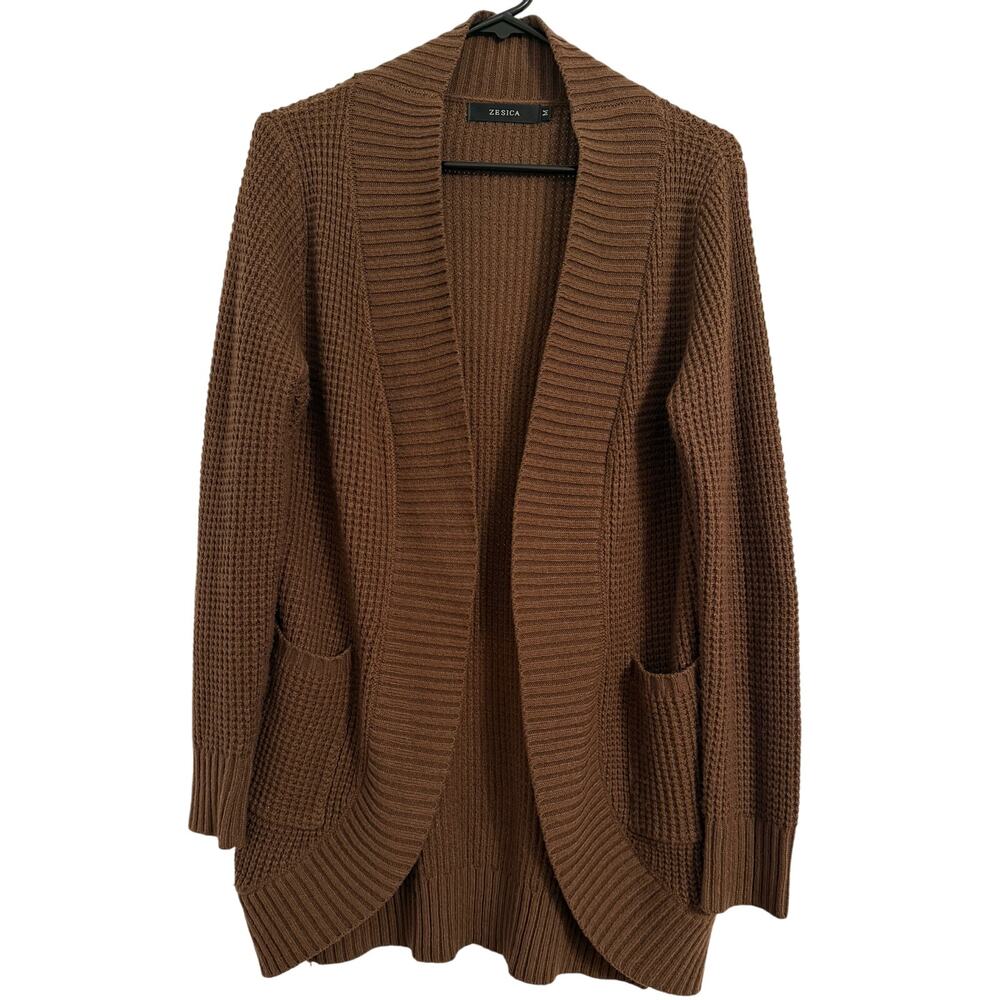 Zesica Women's M Boho Longline Open Round Hem Waffle Knit Brown Sweater Staple
